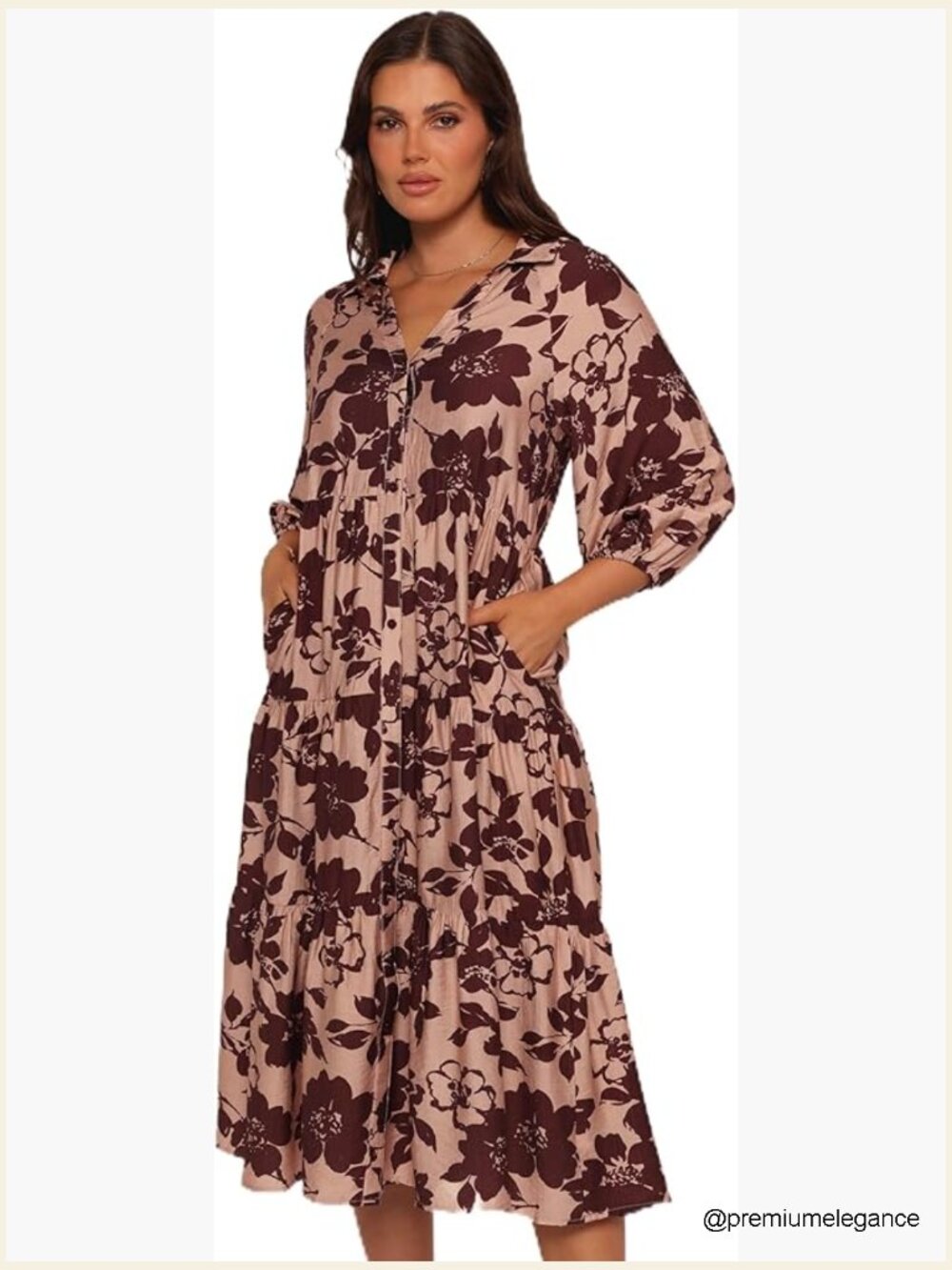 Maxi Dress With V-Neck, Tiered Skirt, 3/4 Sleeves, Loose Fit